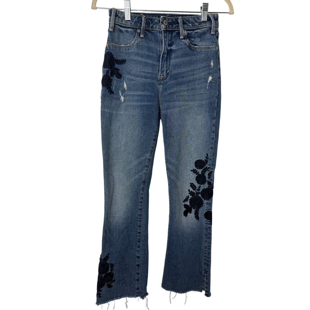 Abercrombie Simone High Rise Ankle Flare Jeans Floral Embroidered Raw Hem 25